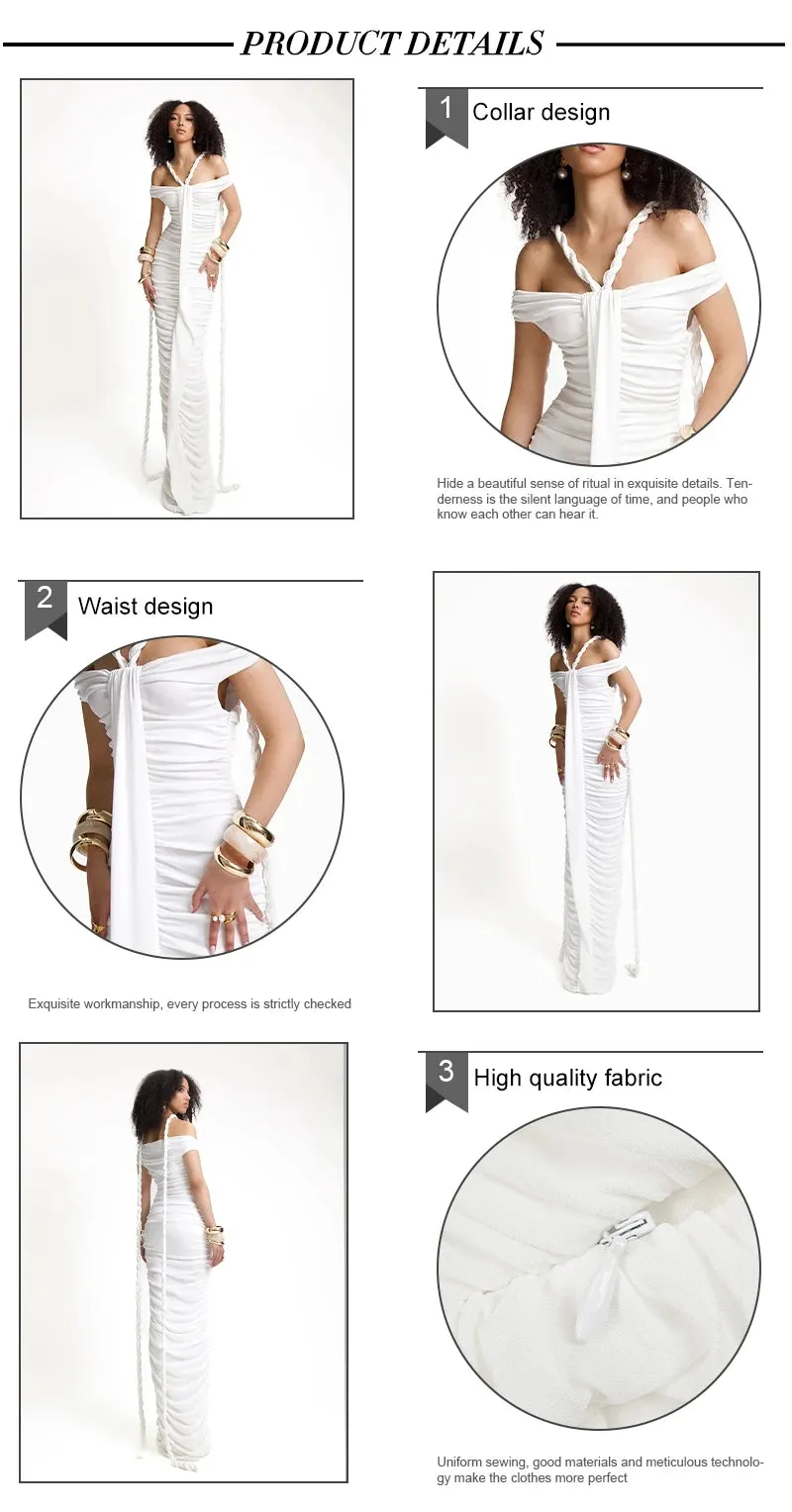 Braid Ribbon Ruched Short Sleeves Evening Gown