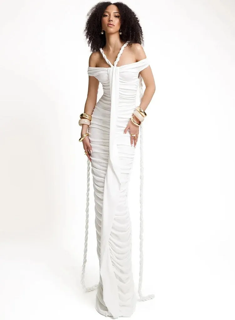 Braid Ribbon Ruched Short Sleeves Evening Gown