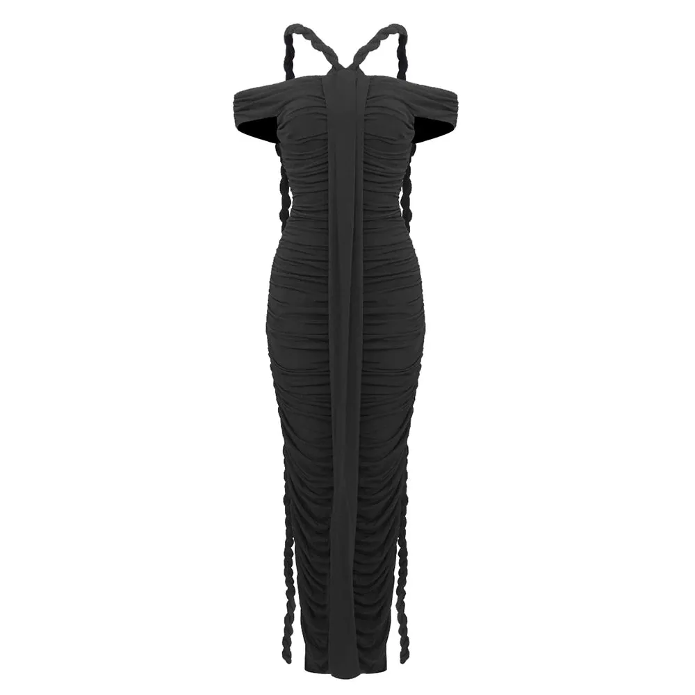 Braid Ribbon Ruched Short Sleeves Evening Gown