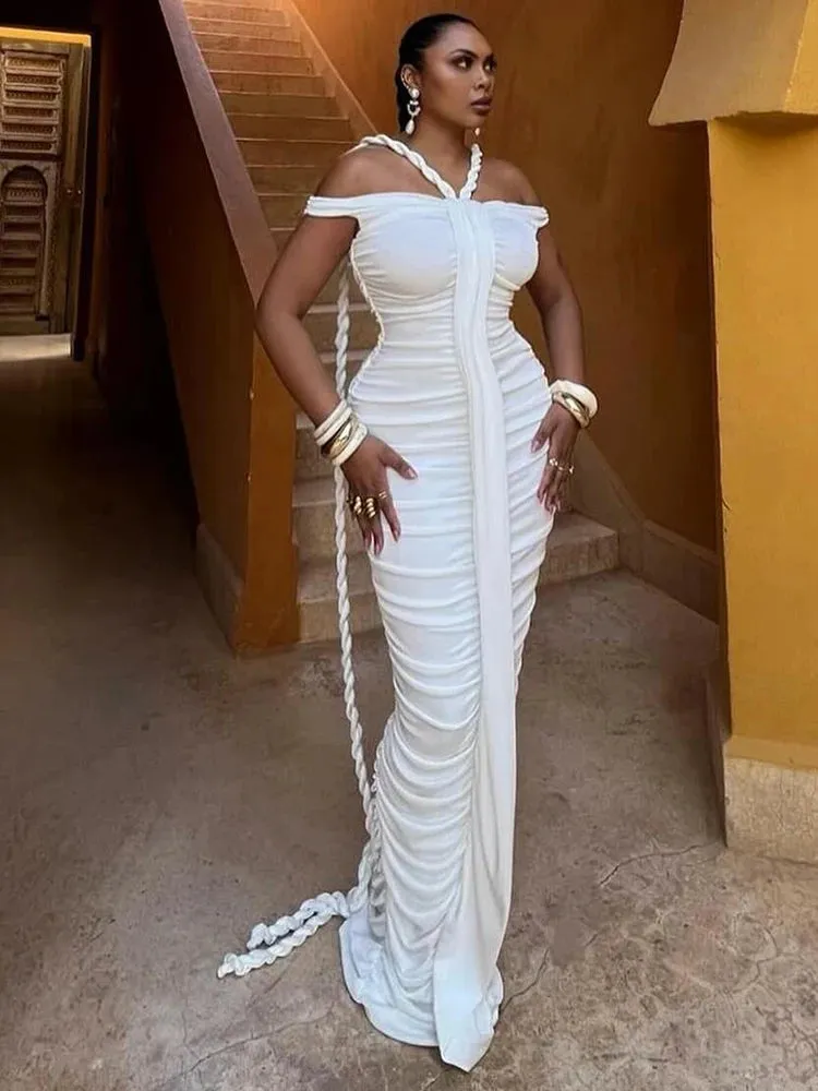 Braid Ribbon Ruched Short Sleeves Evening Gown