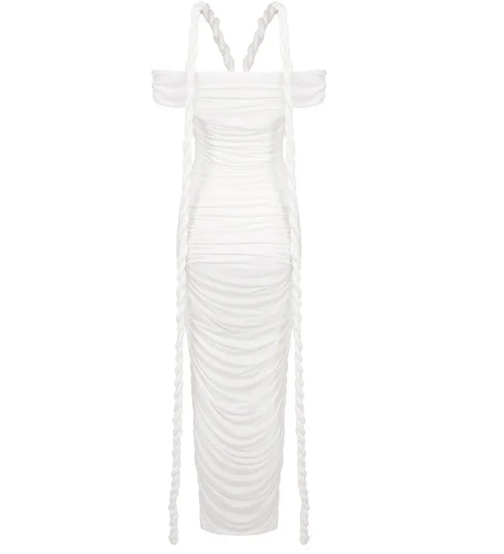 Braid Ribbon Ruched Short Sleeves Evening Gown