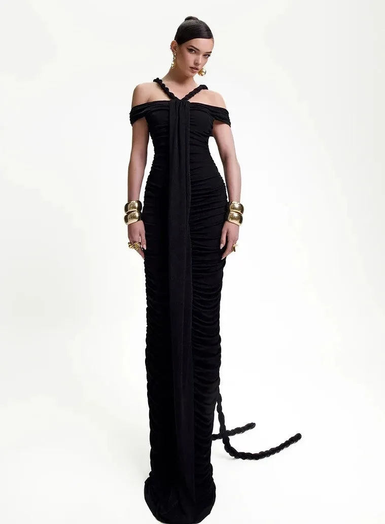 Braid Ribbon Ruched Short Sleeves Evening Gown