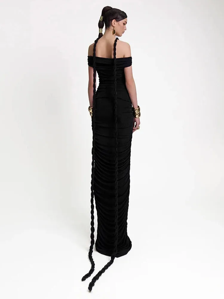 Braid Ribbon Ruched Short Sleeves Evening Gown
