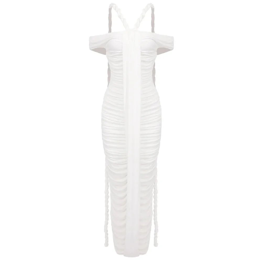 Braid Ribbon Ruched Short Sleeves Evening Gown