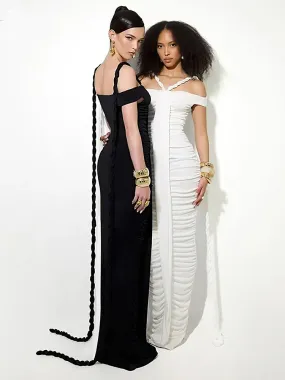 Braid Ribbon Ruched Short Sleeves Evening Gown