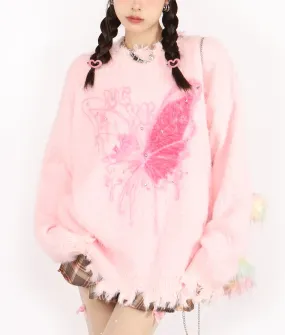 Butterfly Print Diamond Pullover Knitted Pink White Oversize Sweater