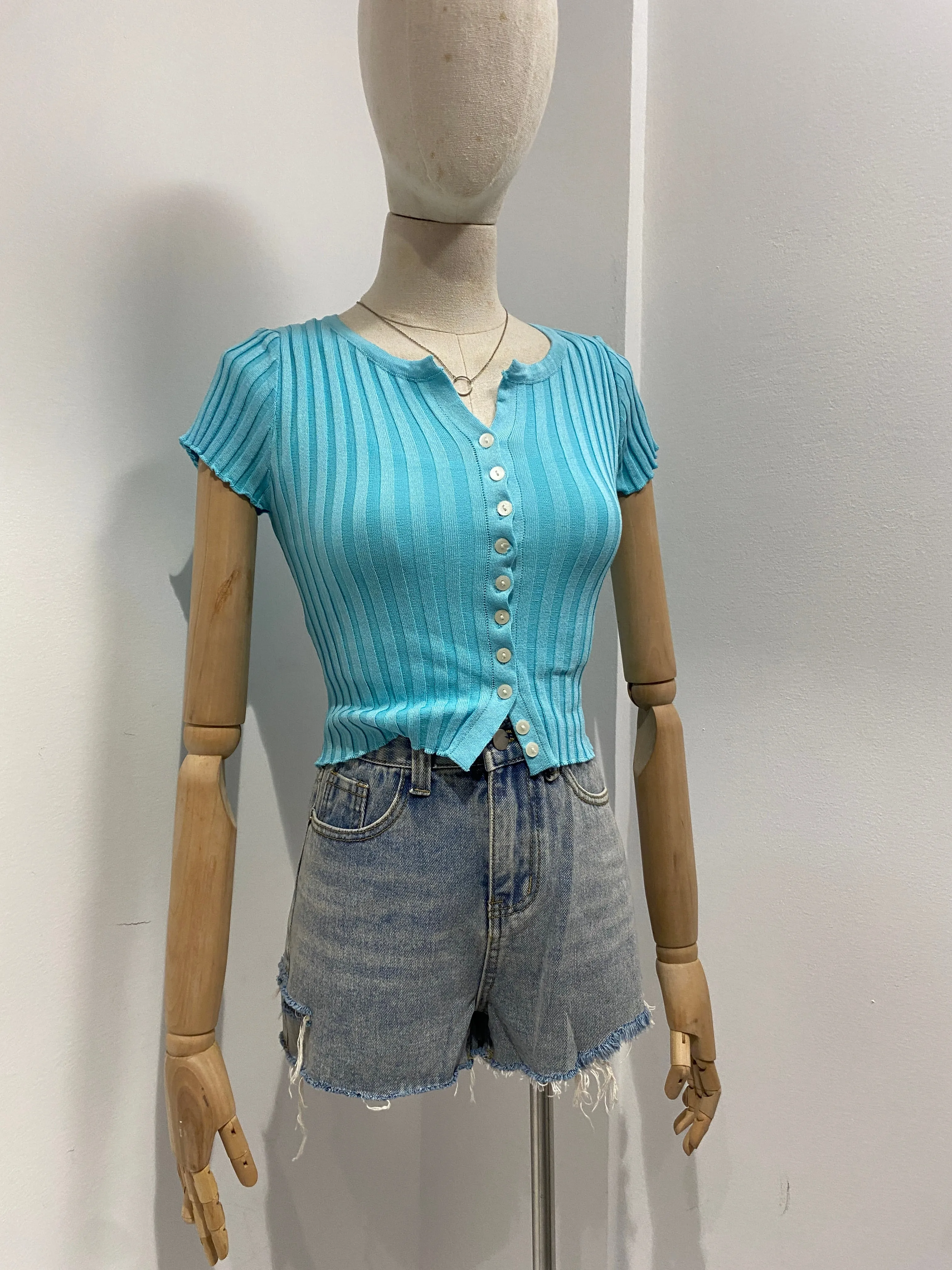 Button Through Ribbed Knit  Crop Top
