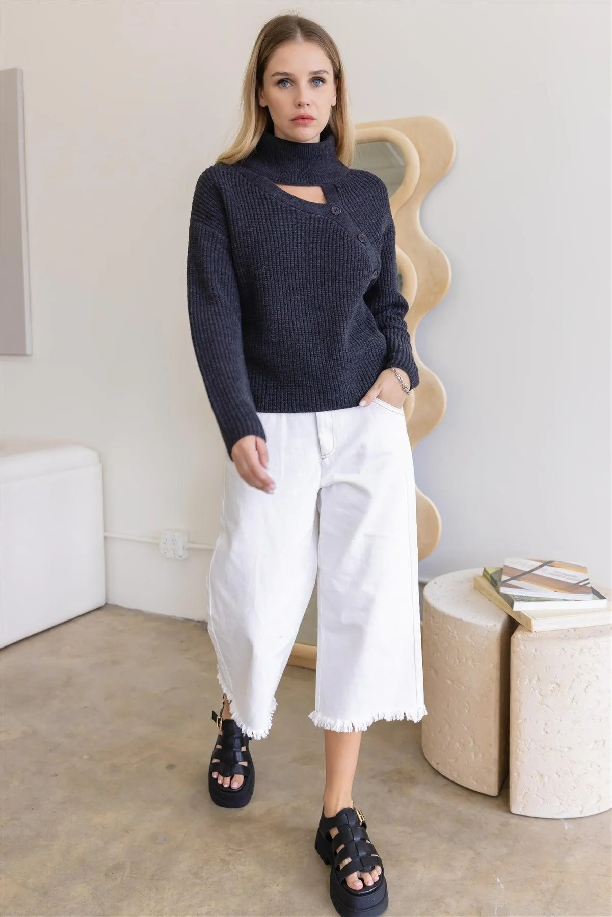 Charcoal Button Up Turtle Neck Long Sleeve Sweater /5