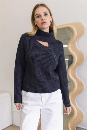 Charcoal Button Up Turtle Neck Long Sleeve Sweater /5