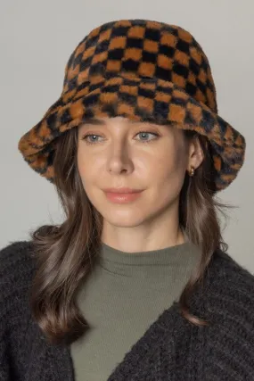Checkered Printed Faux Fur Bucket Hat