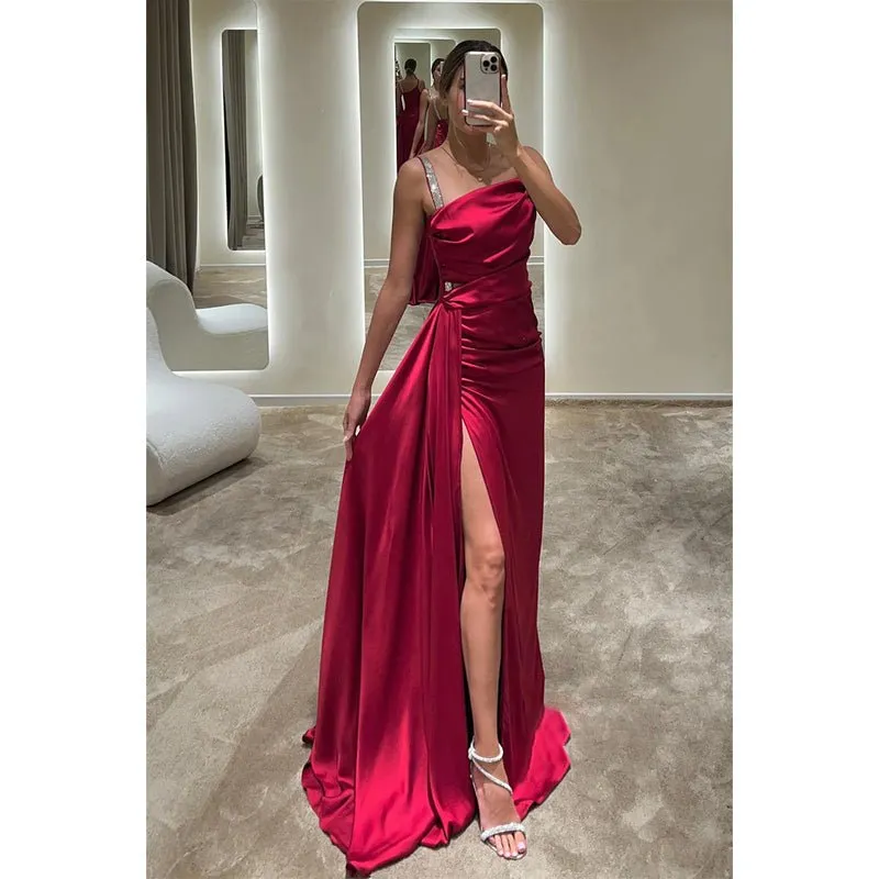 Chic & Modern Satin Straps Pleats Long Prom Dress Evening Dress with Slit