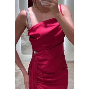 Chic & Modern Satin Straps Pleats Long Prom Dress Evening Dress with Slit