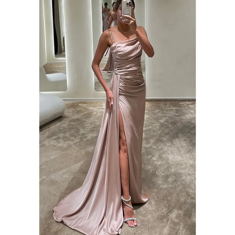 Chic & Modern Satin Straps Pleats Long Prom Dress Evening Dress with Slit