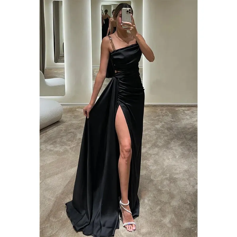 Chic & Modern Satin Straps Pleats Long Prom Dress Evening Dress with Slit