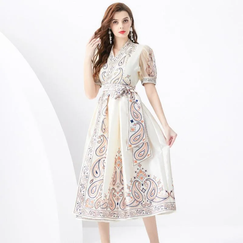 Classic Bow-Embellished Apricot Dress for Women