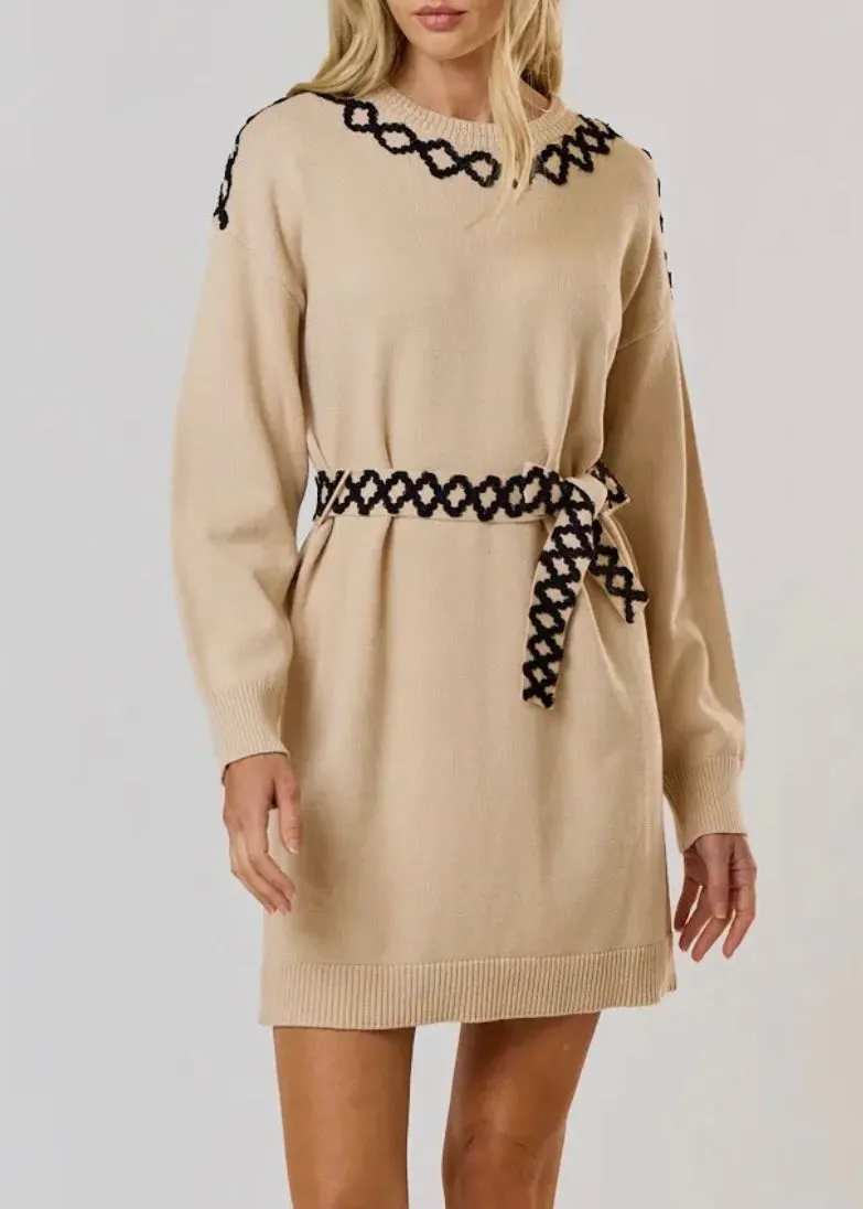 Cream and Black Tie Belt Sweater Dress
