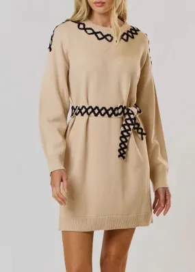 Cream and Black Tie Belt Sweater Dress