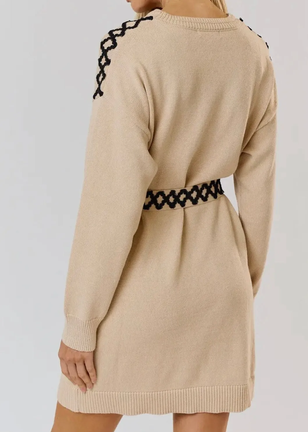 Cream and Black Tie Belt Sweater Dress