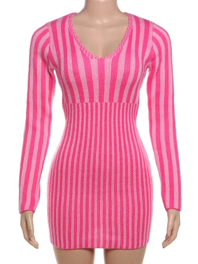 Cut-out Back Pink Striped Knit Mini Dress