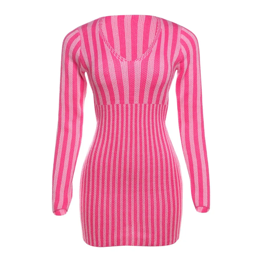 Cut-out Back Pink Striped Knit Mini Dress