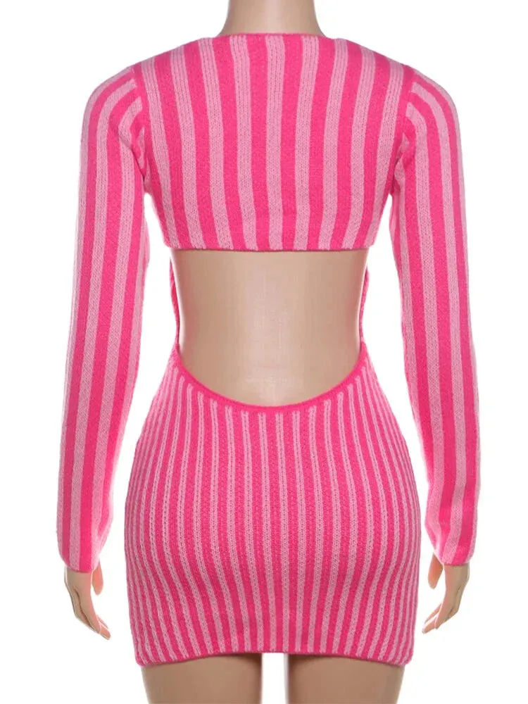 Cut-out Back Pink Striped Knit Mini Dress