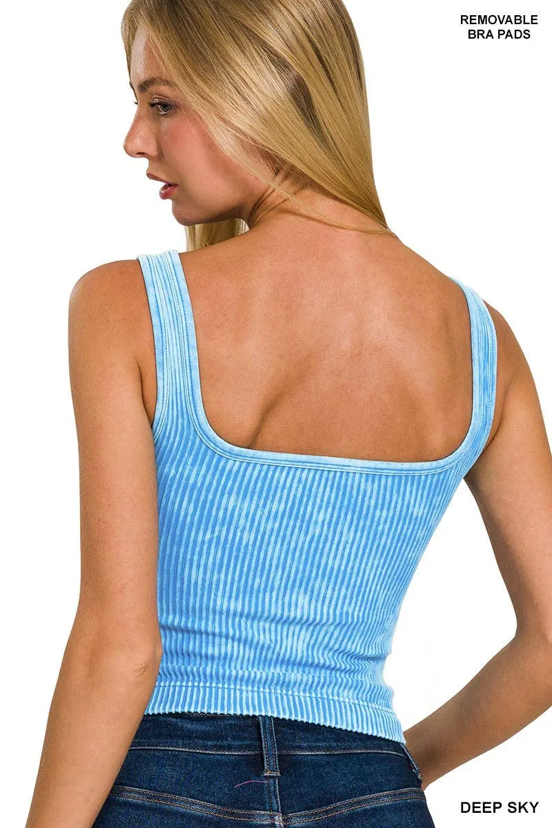 DEEP SKY WASHED RIB CROP V NECK TANK W/ REMOVABLE BRA