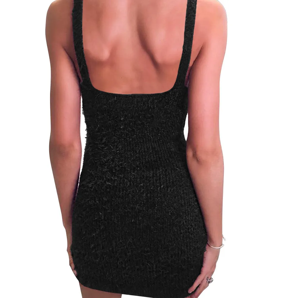 Deep V-neck Mohair Straps Long Slim Sleeveless Women Sweater Dress