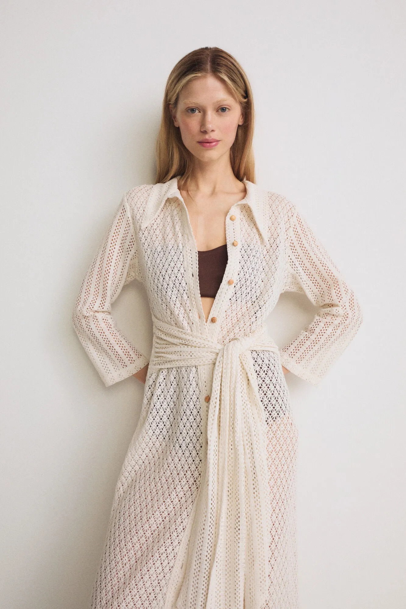 Ecru Crochet Belt Knitted Dress