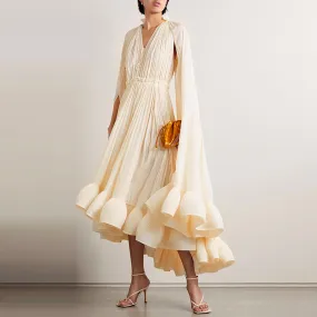 Elegant Cape V-neck Flounce Ruffle Formal Dress