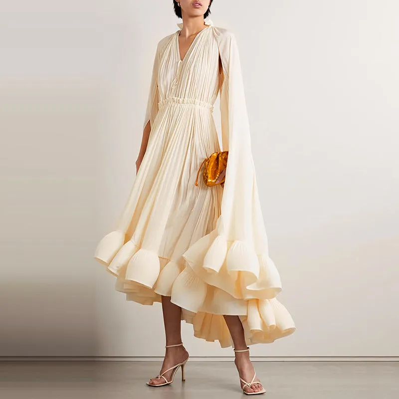 Elegant Cape V-neck Flounce Ruffle Formal Dress
