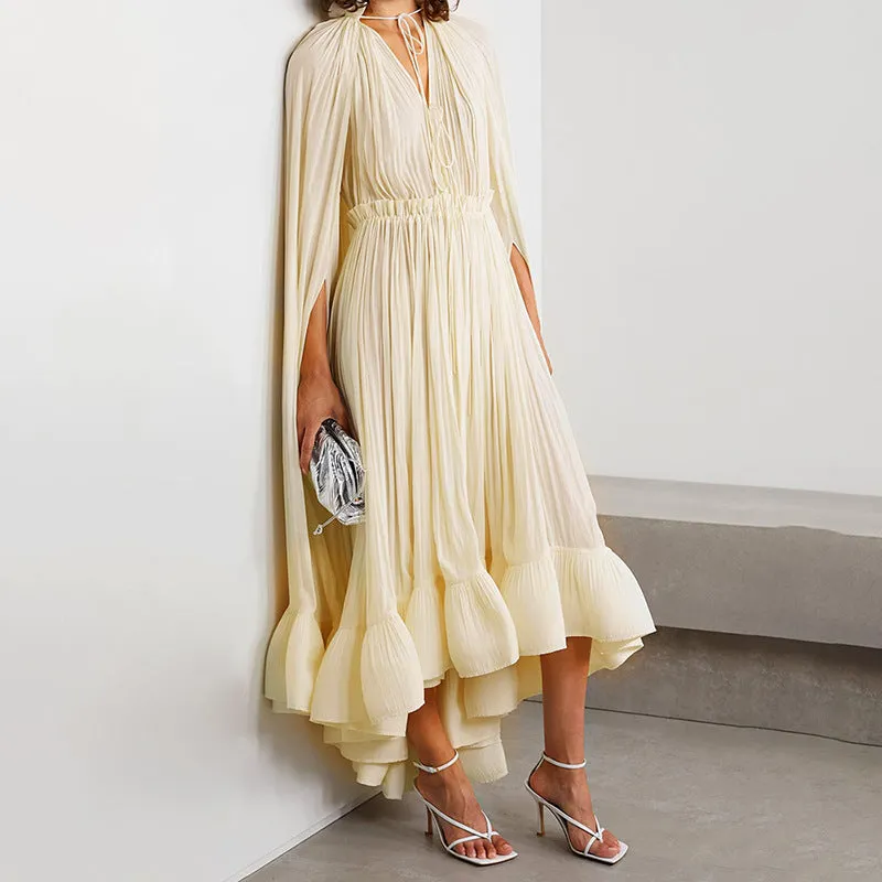 Elegant Cape V-neck Flounce Ruffle Formal Dress
