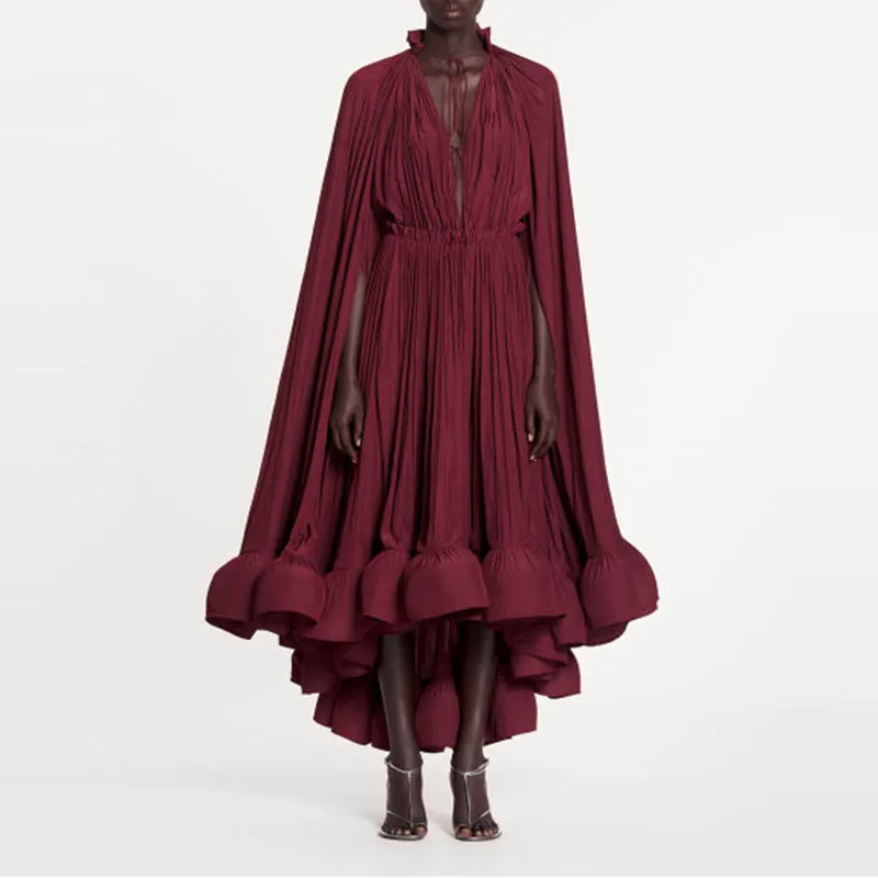 Elegant Cape V-neck Flounce Ruffle Formal Dress