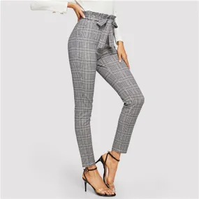 Elegant Grey High Waist Cigarette Pants Trousers With Belt Office Work Long For Women'S