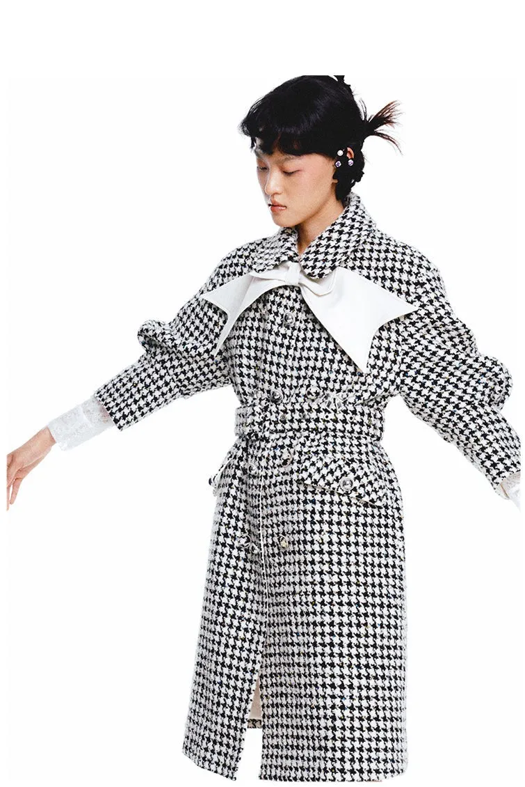 FAME autumn new pu leather big bow tweed houndstooth coat - Cara