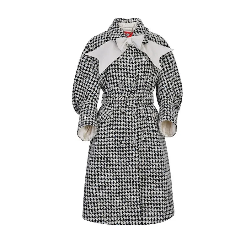 FAME autumn new pu leather big bow tweed houndstooth coat - Cara