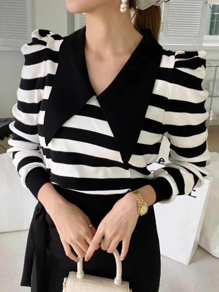 Fashionkova  Striped Women Sweater Puff Sleeve Autumn Turn-Down Collar Knitted Pullover Korean Fashion Womens Clothes Jumpers Winter Sweaters