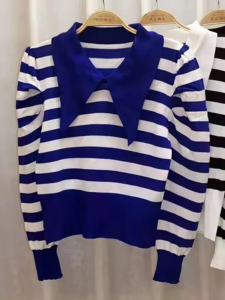 Fashionkova  Striped Women Sweater Puff Sleeve Autumn Turn-Down Collar Knitted Pullover Korean Fashion Womens Clothes Jumpers Winter Sweaters