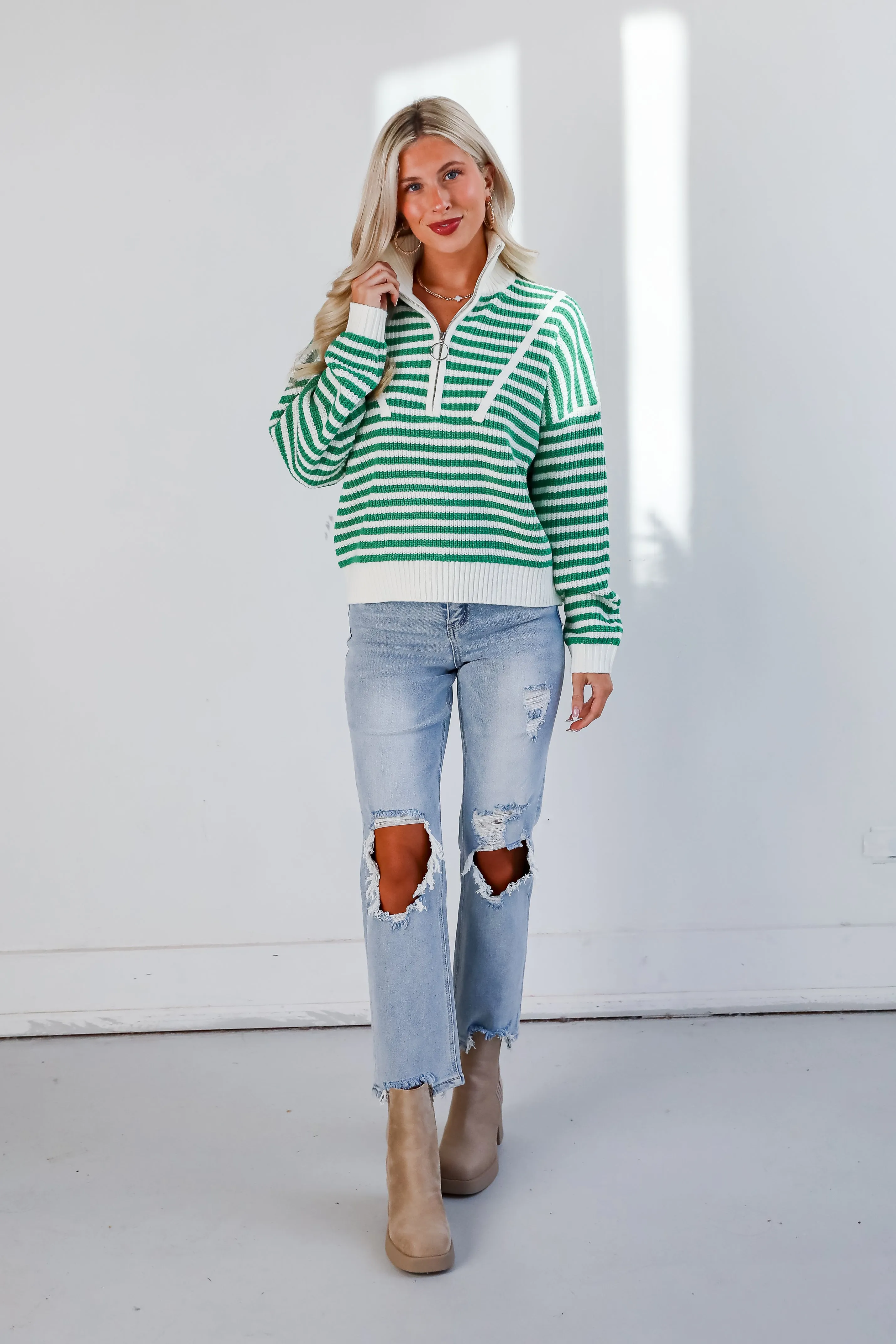 FINAL SALE - Beloved Presence Striped Quarter Zip Sweater