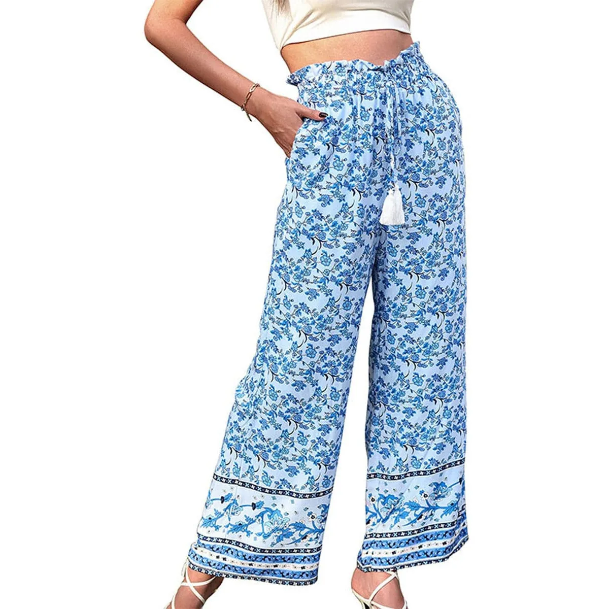Floral Print High Waist Tie-Up Pants