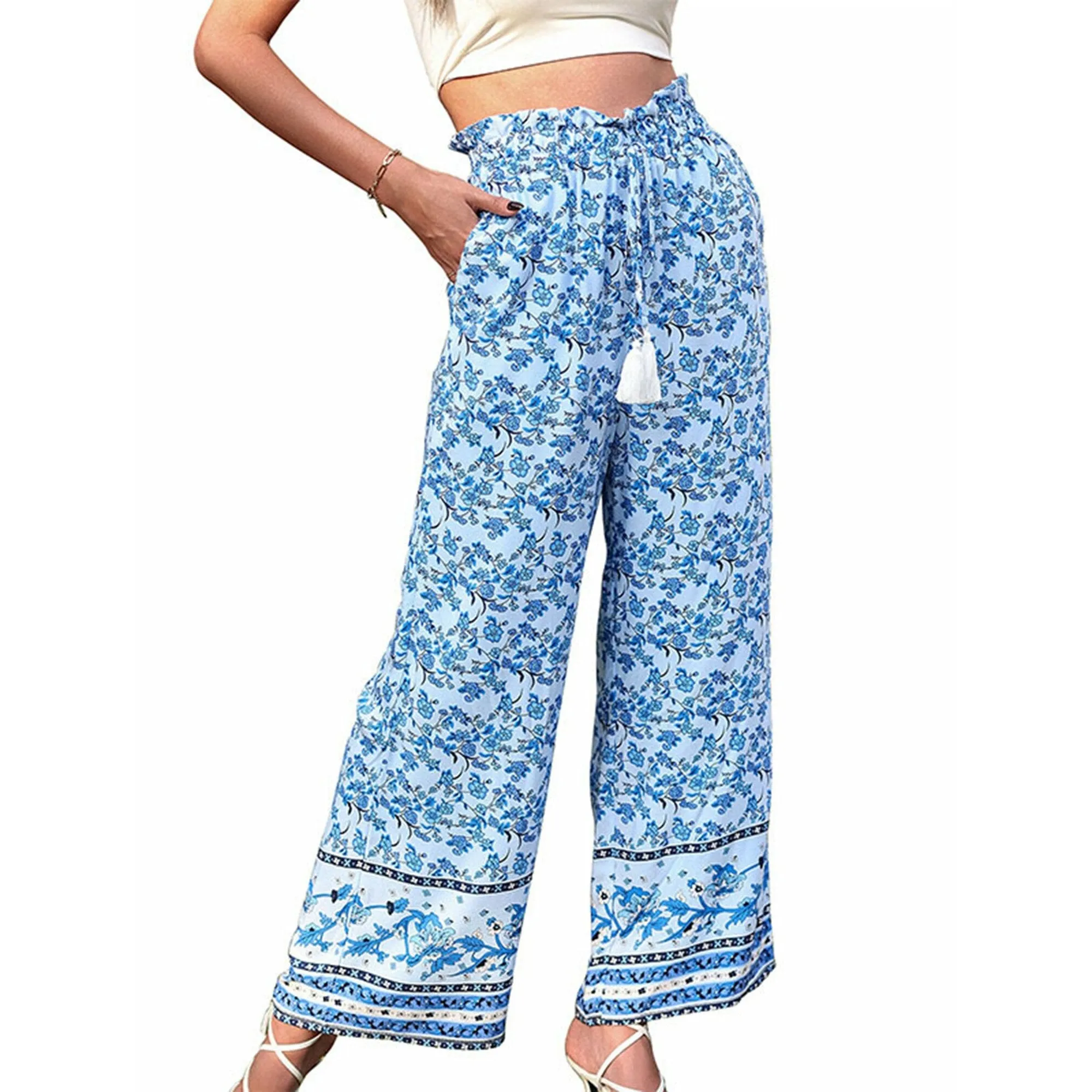 Floral Print High Waist Tie-Up Pants