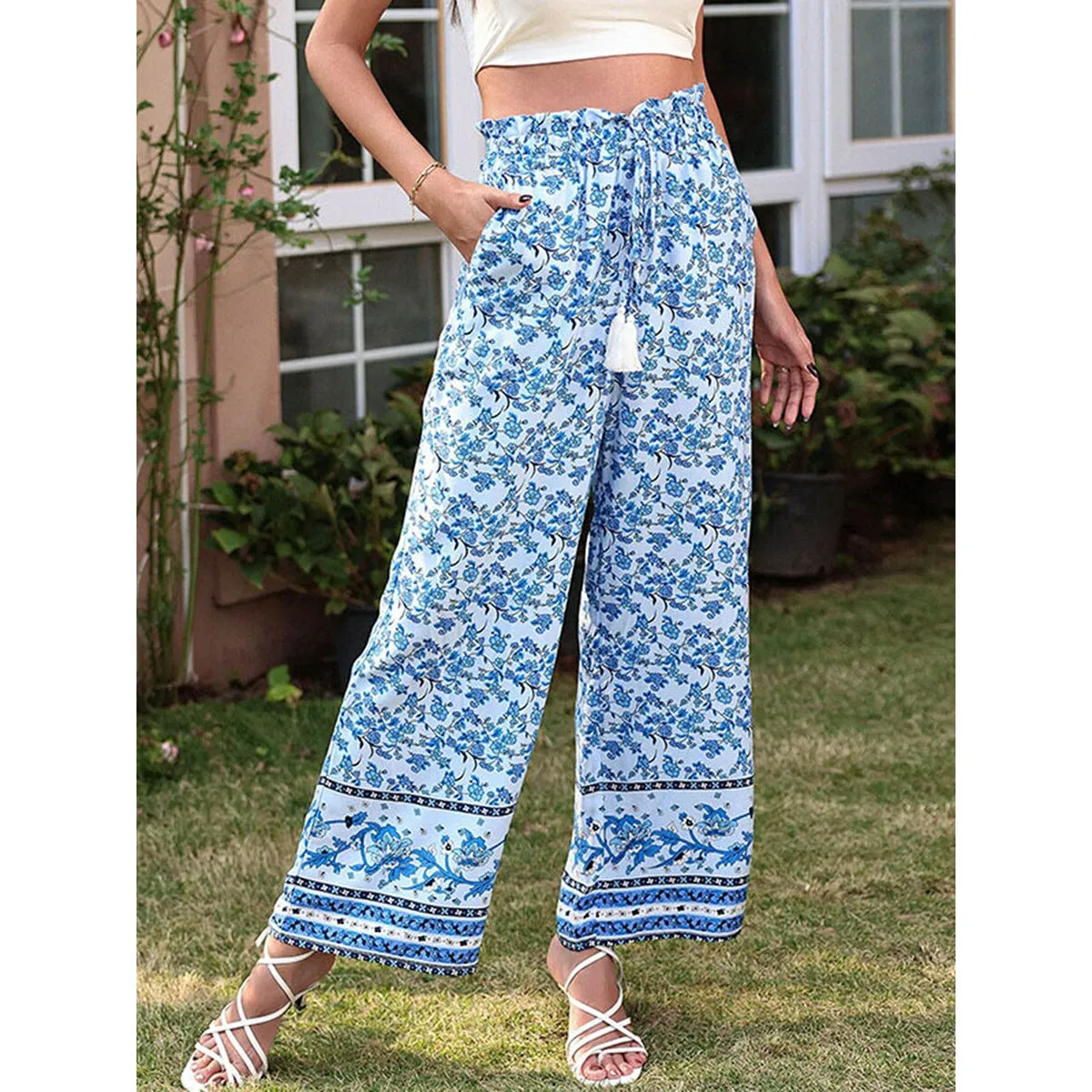 Floral Print High Waist Tie-Up Pants
