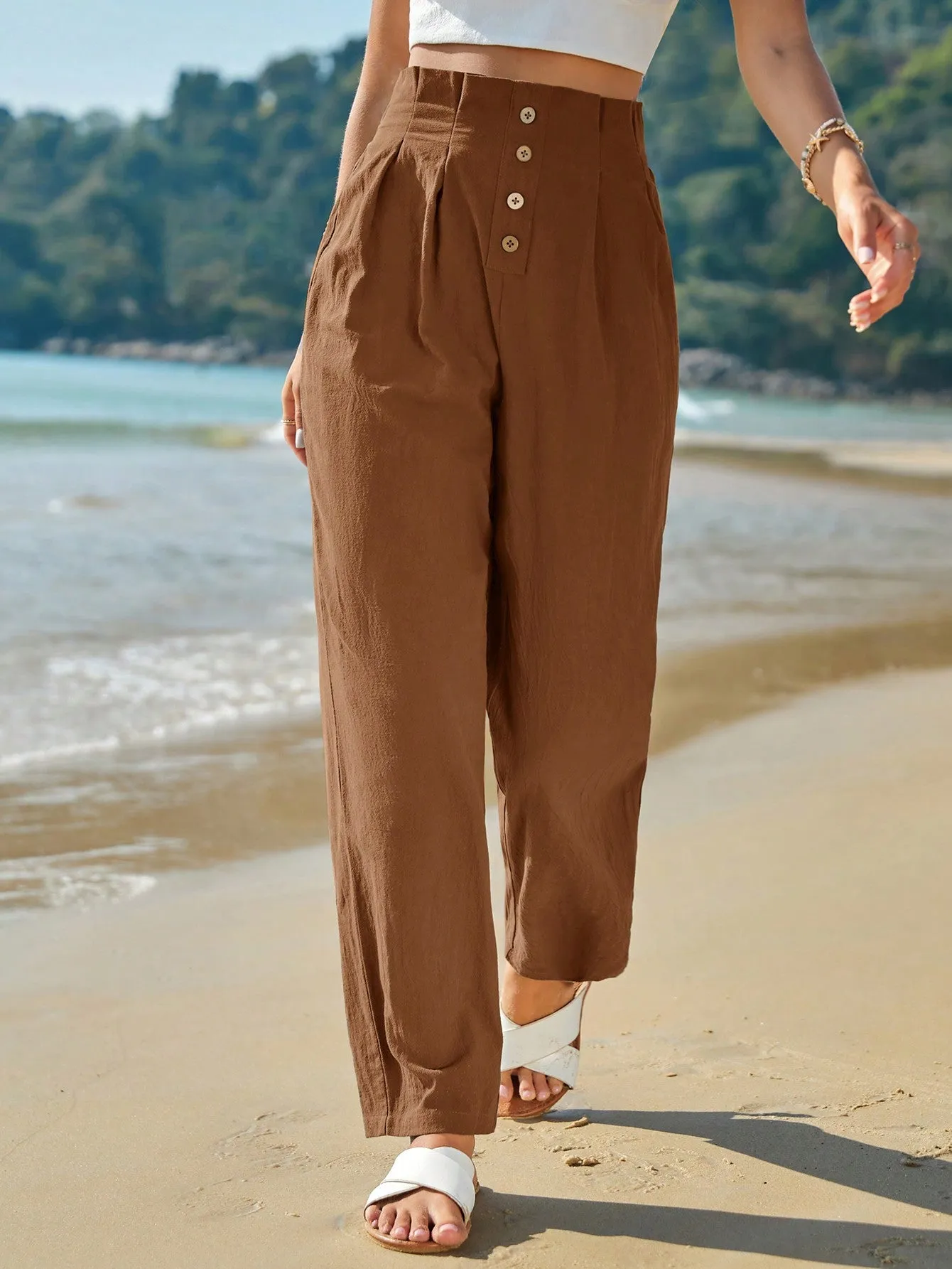 Frenchy High Waist Button Fly Fold Pleated Pants