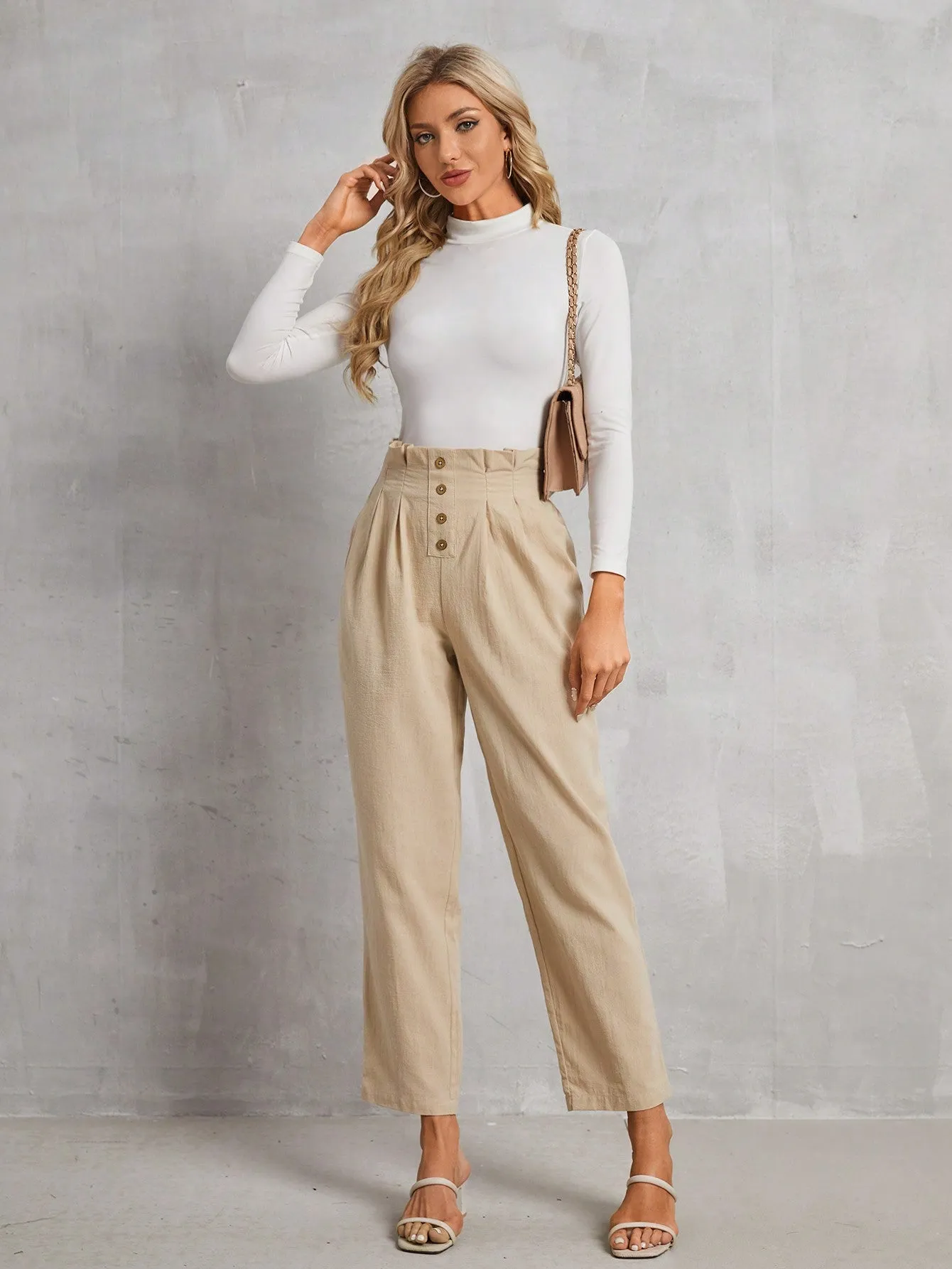 Frenchy High Waist Button Fly Fold Pleated Pants