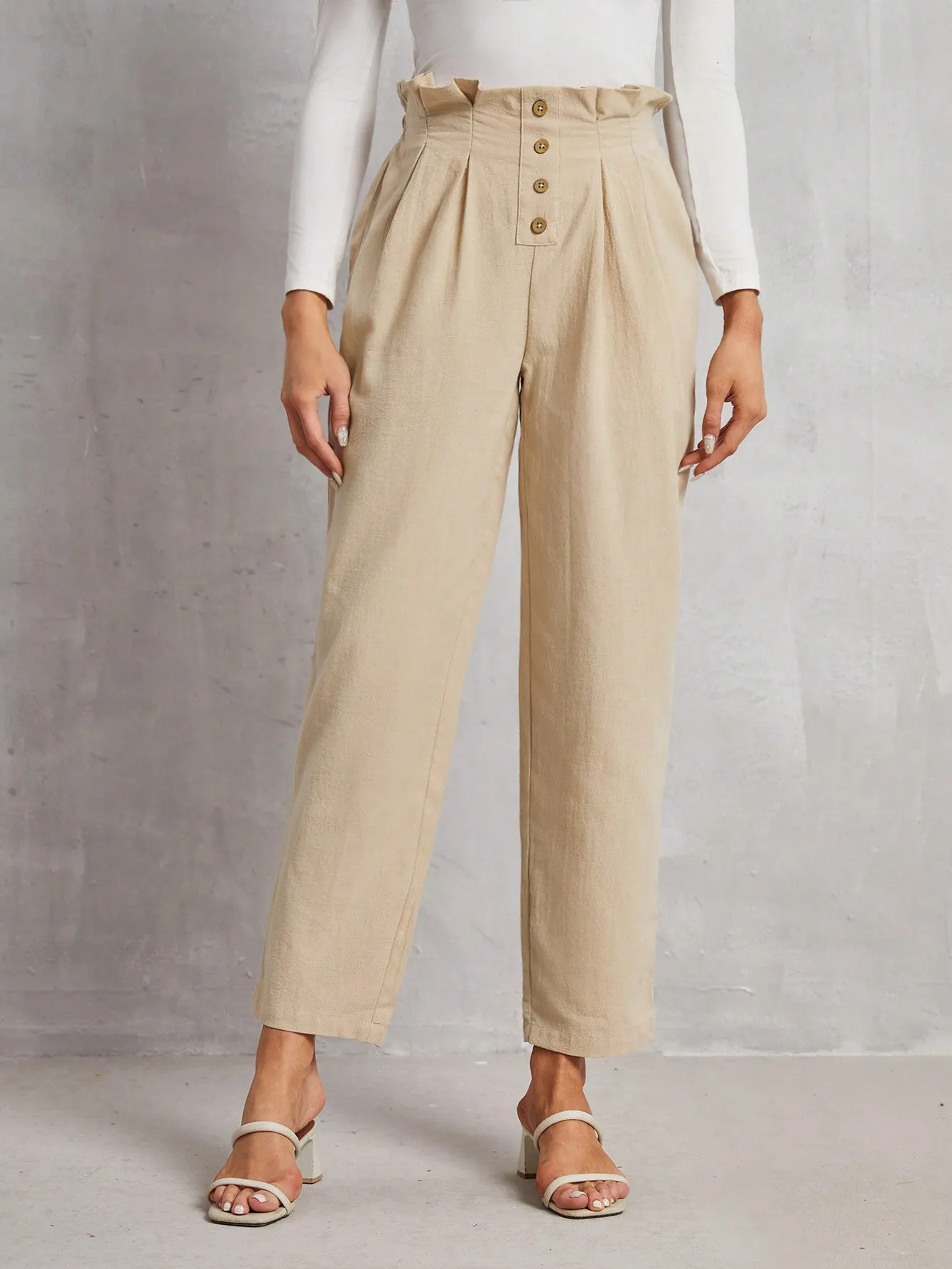 Frenchy High Waist Button Fly Fold Pleated Pants