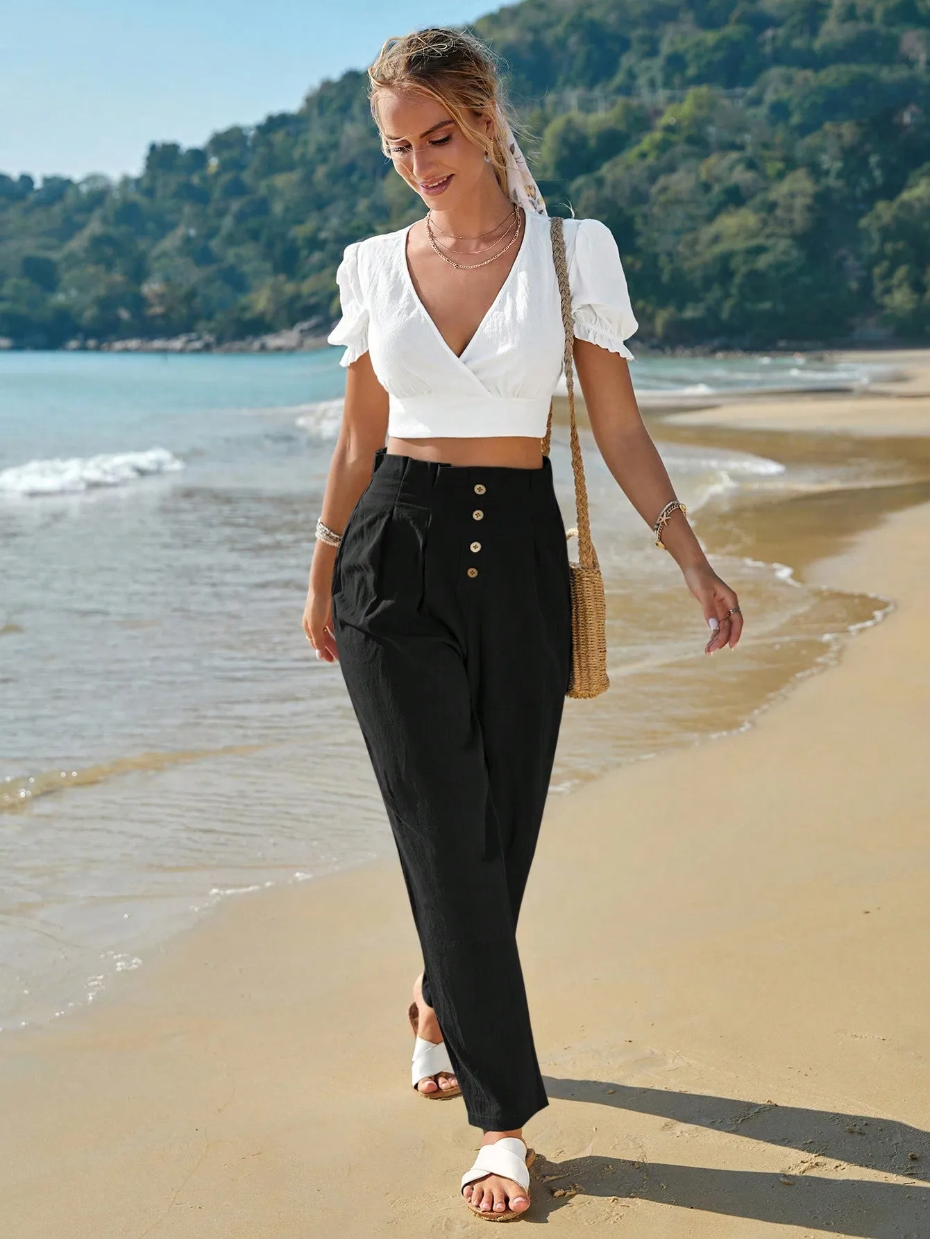 Frenchy High Waist Button Fly Fold Pleated Pants