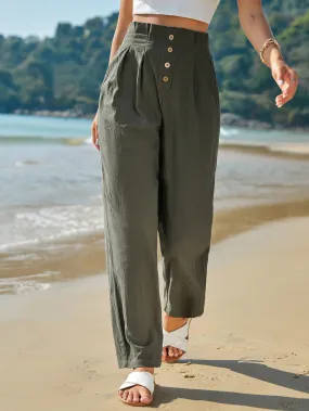 Frenchy High Waist Button Fly Fold Pleated Pants