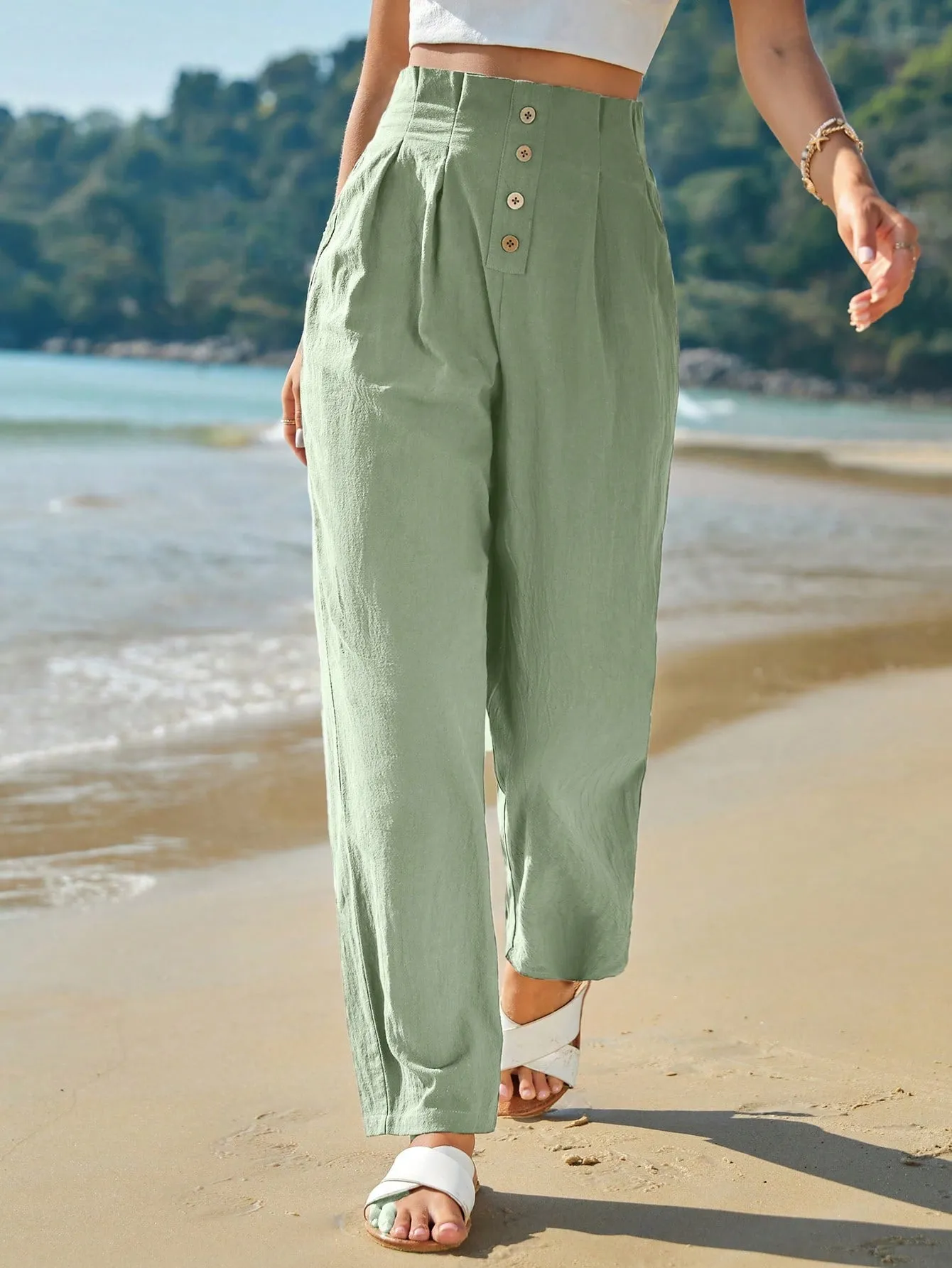 Frenchy High Waist Button Fly Fold Pleated Pants