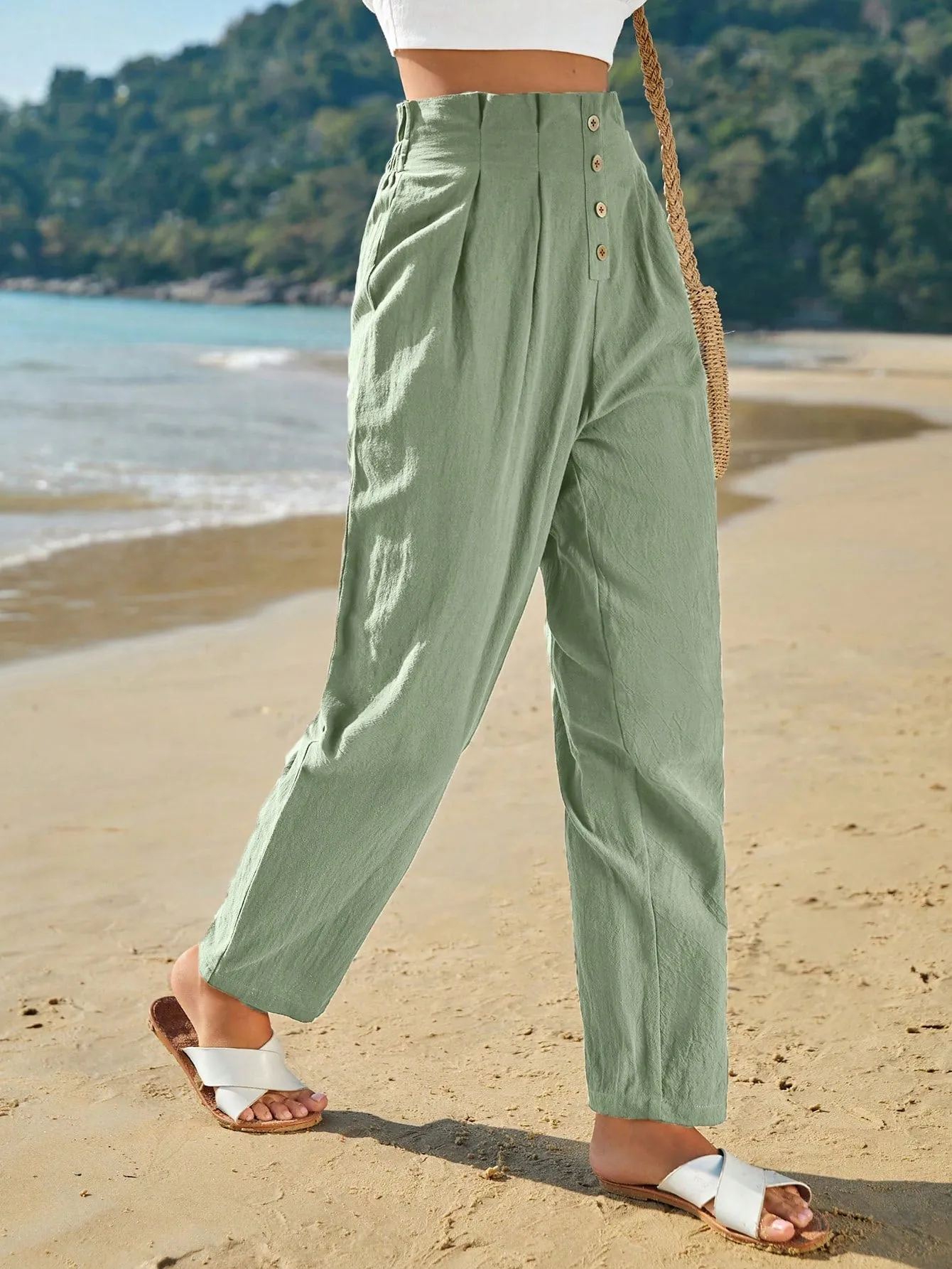 Frenchy High Waist Button Fly Fold Pleated Pants