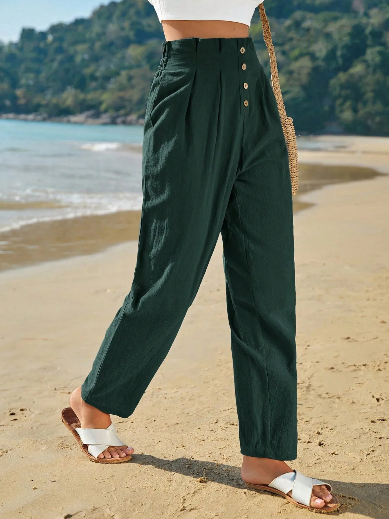Frenchy High Waist Button Fly Fold Pleated Pants