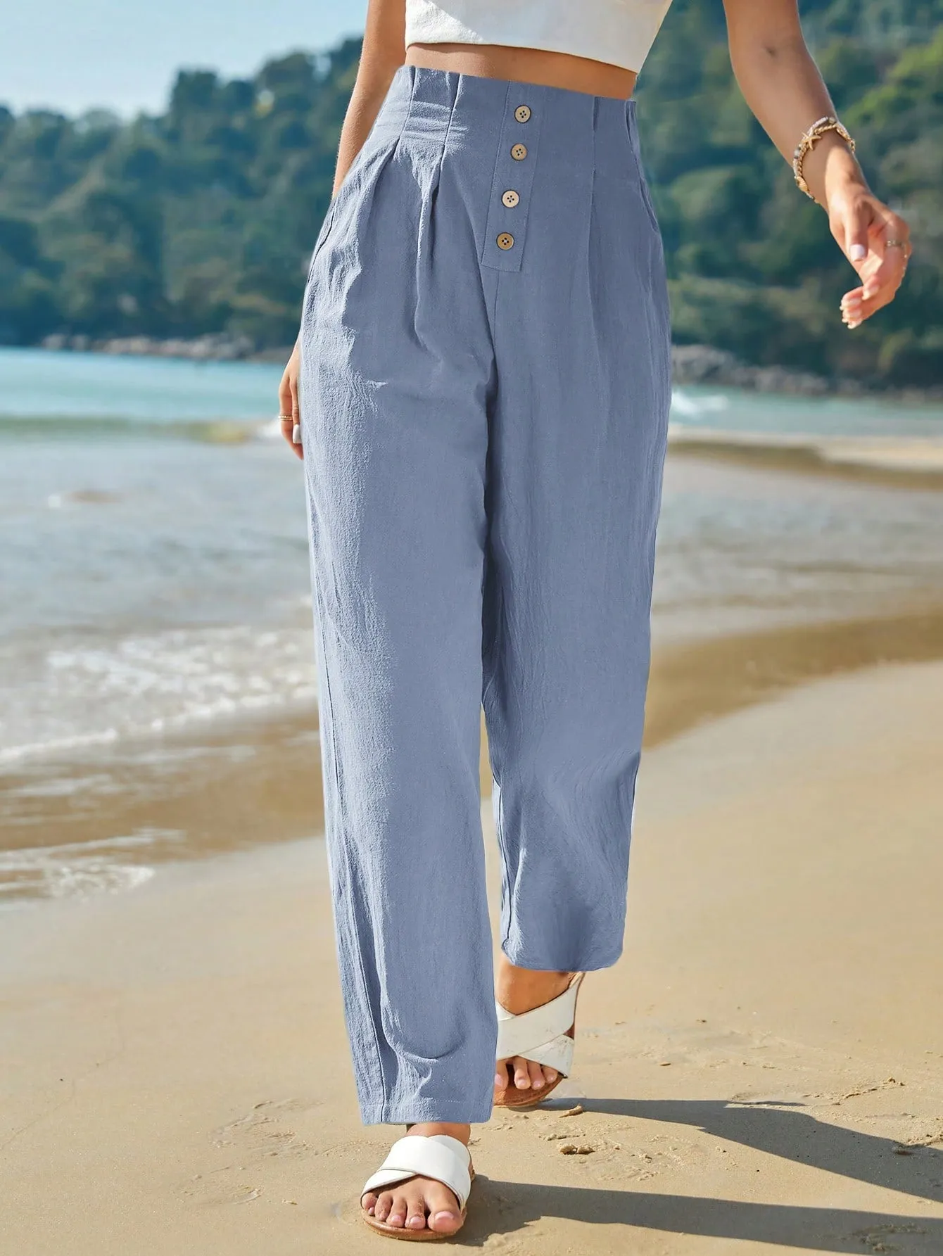 Frenchy High Waist Button Fly Fold Pleated Pants